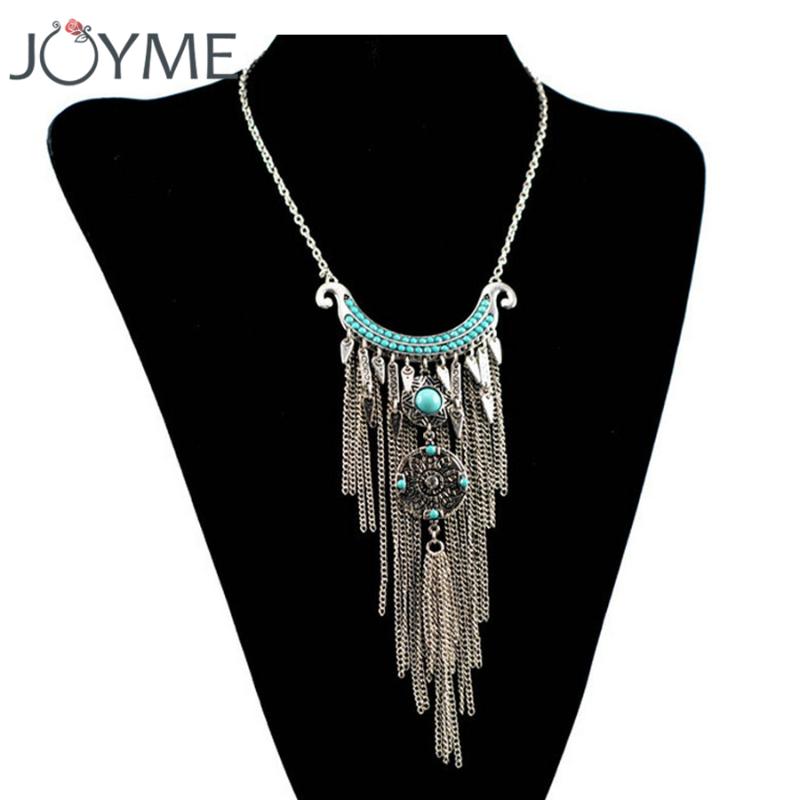 

Pendant Necklaces Bohemian Vintage Tibetan Silver Beads Necklace Long Chain Tassel Ethnic Female Tribal Bib Nekclace Jewelry