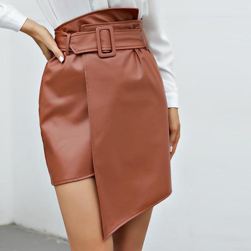 

Skirts Washed PU Leather Skirt Korean Slim Shorts Women Belt, Khaki