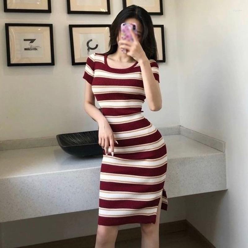 

Party Dresses Striped Crew Neck Korean Dress Hip Temperament Knit Short-sleeved