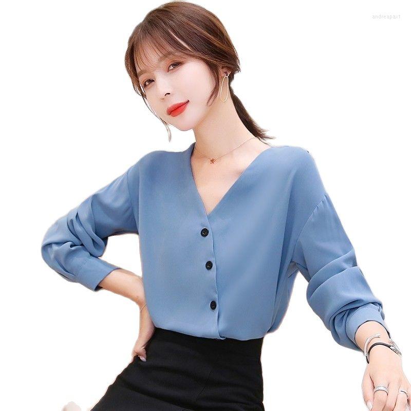 

Women' Blouses Women Spring Autumn Style Chiffon Shirts Lady Casual Long Sleeve V-Neck Solid Color Blusas Tops SP1672, Blue