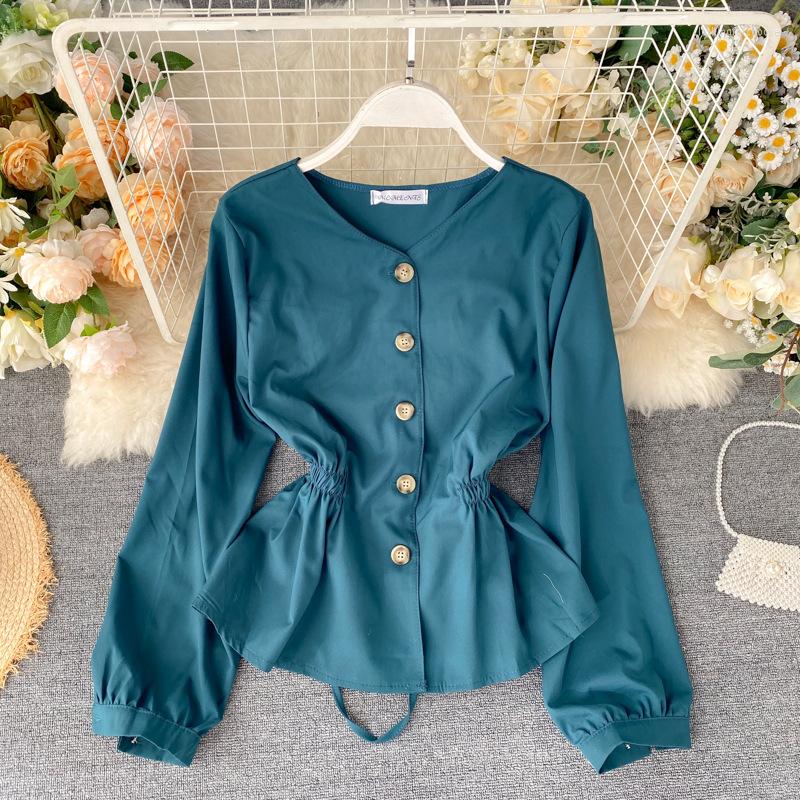 

Women's T Shirts Spring And Summer Korean Style Single-breasted Button Top With V-neck Lace-up Waist Thin Lotus Leaf Women's Clothing, Black