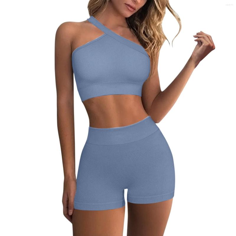 

Active Sets Womens Seamless 2 Piece Yoga Set Ribbed Tank Top Two High Waist Shorts, Brown