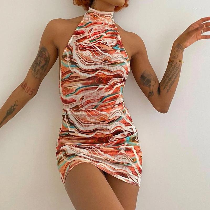 

Casual Dresses Y2K Tie Dye Printed Halter Dress Bodycon Sexy Women Backless Slim Fit Mini Elegant Lady Club Party Night Outfits Summer, As seen