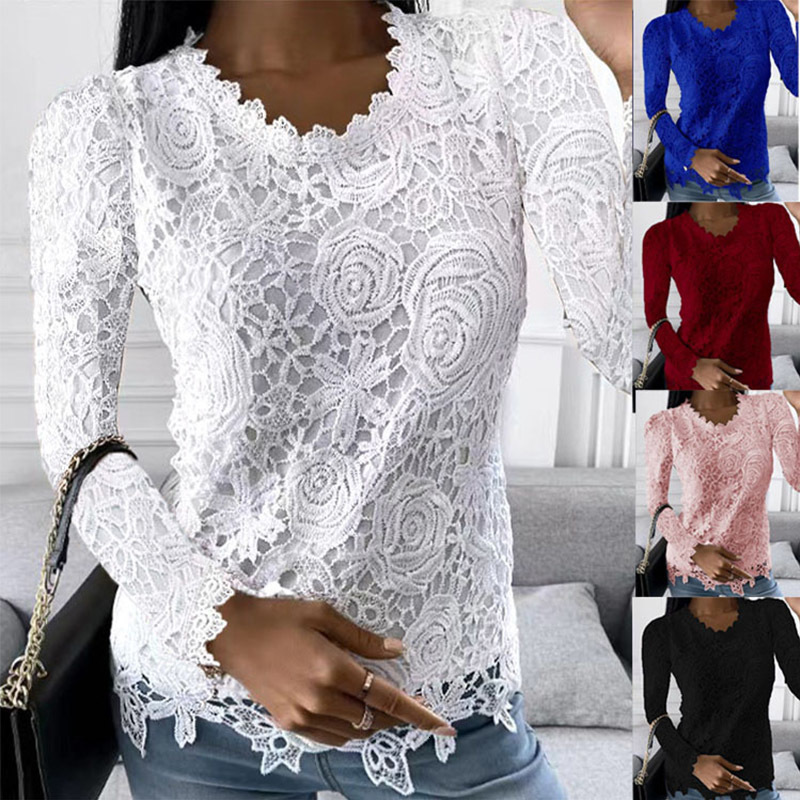 

Women' TShirt Autumn and Winter Casual Elegant Stitching Lace Long Sleeve Tops Round Neck Solid Color Daily Fashion Tee Shirt 230217, Black