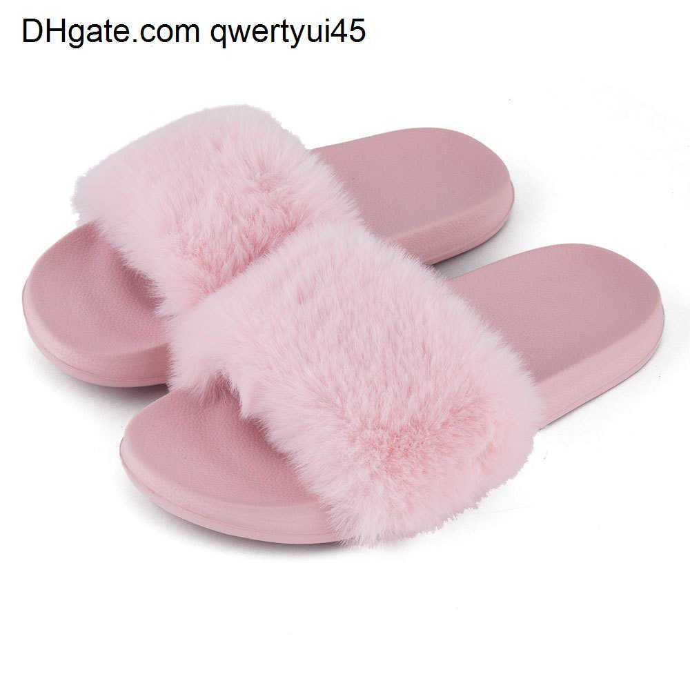 

qwertyui45 Slippers Slippers Summer indoor shoes ladies comfortable flat solid color open toe flip flops fake fur fox fur slippers 021723H, Black