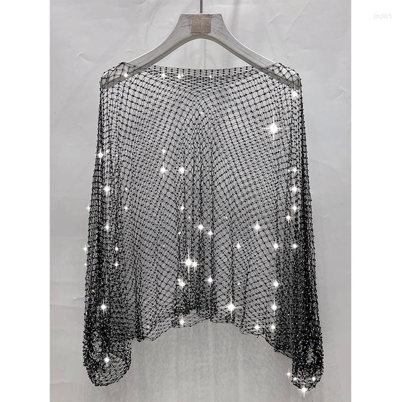 

Women's T Shirts Fashion Heavy Drilling Tops Hollow Out See-through Fishnet Bikini Cover-up A Neck Women's Nightclub Performance, Black