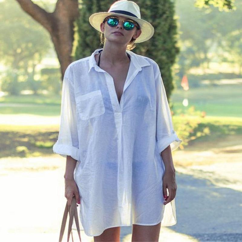 

Women's Blouses Summer See Through Beach Blouse Women Casual Lady Tops Solid Loose Fashion Clothes Buttons Sunscreen Shirt Woman Blusas, White