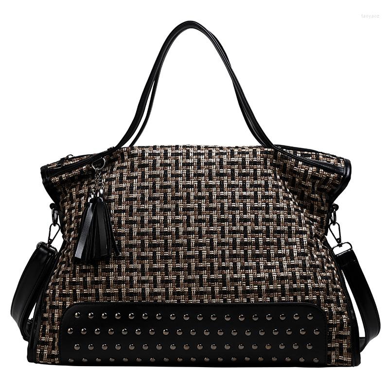 

Evening Bags Rivet Vintage Handbags For Women Brand High Quality Canvas Shoulder Large Capacity Cloth Commuter Elegant Lady, Beige