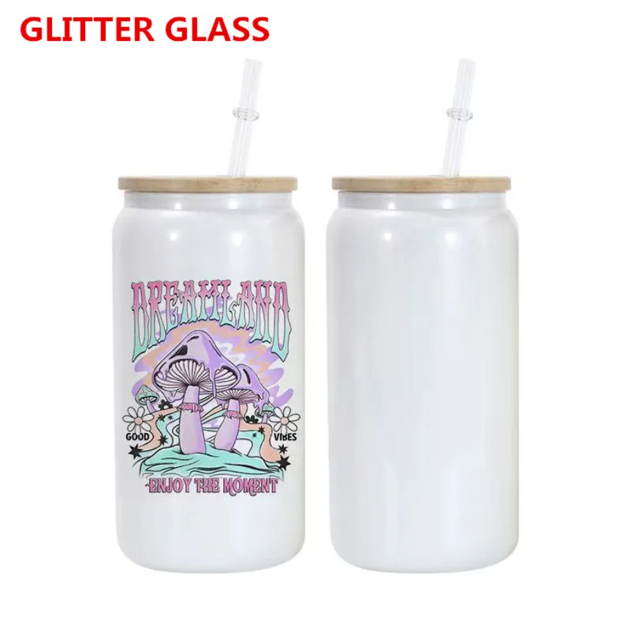 

16oz Sublimation Glitter Glass Tumbler Glass Jar with Bamboo Lid Reusable Straw Shimmer Glass Tumblers Beer Can Soda Can Cup Drinking Cups GG0426, White