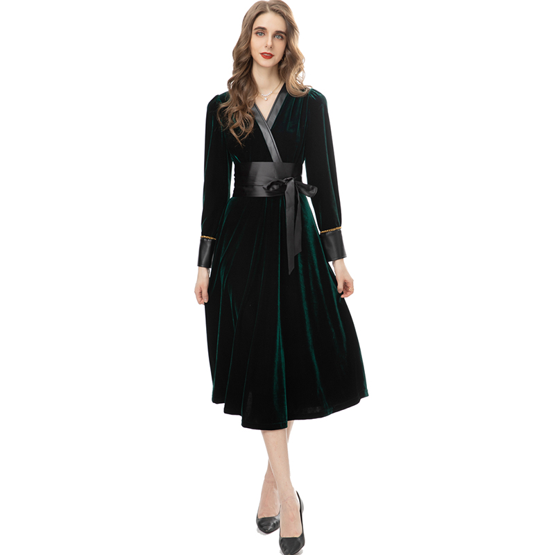 

Women's Runway Dresses Sexy V Neck Long Sleeves Leather Piping Elegant Fashion Velvet Velour Vestidos, Green