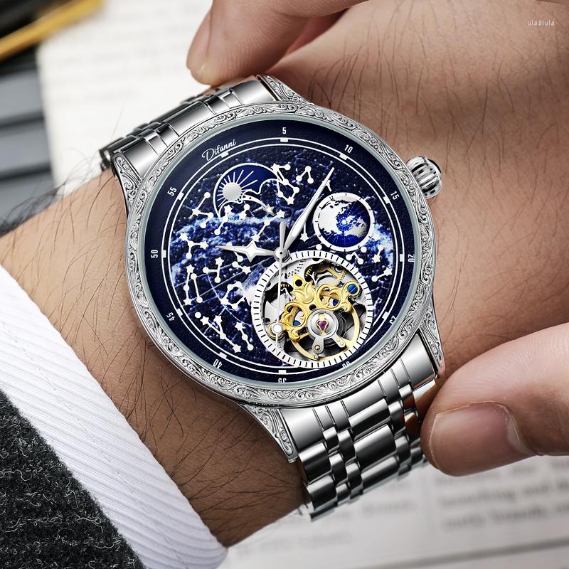 

Wristwatches Tourbillon For Men Watches Starry Sky Luminous Automatic Mechanical Watch Waterproof Moon Phase Clock, Leather