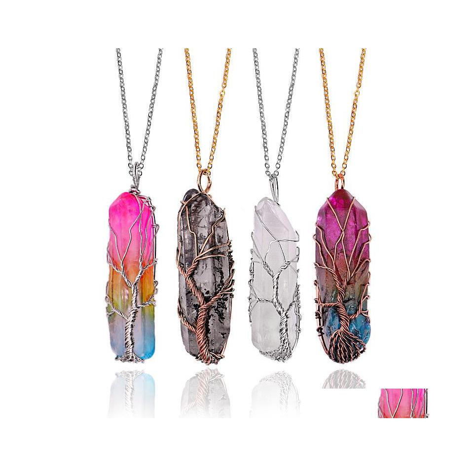 

Pendant Necklaces Handmade Copper Wire Wrapped Tree Of Life Necklace Reiki Healing Electroplating Crystal Pillar Gem Stones Jewelry Dhtxd