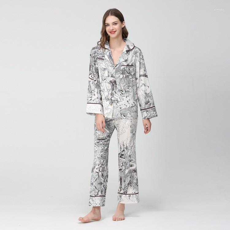 

Women's Sleepwear Women's Silk Satin Spring Autumn 2PCS Pajamas Suit Turn-down Collar Shirt&Pant Nightwear Fashion Casual Home Wear, Color-1