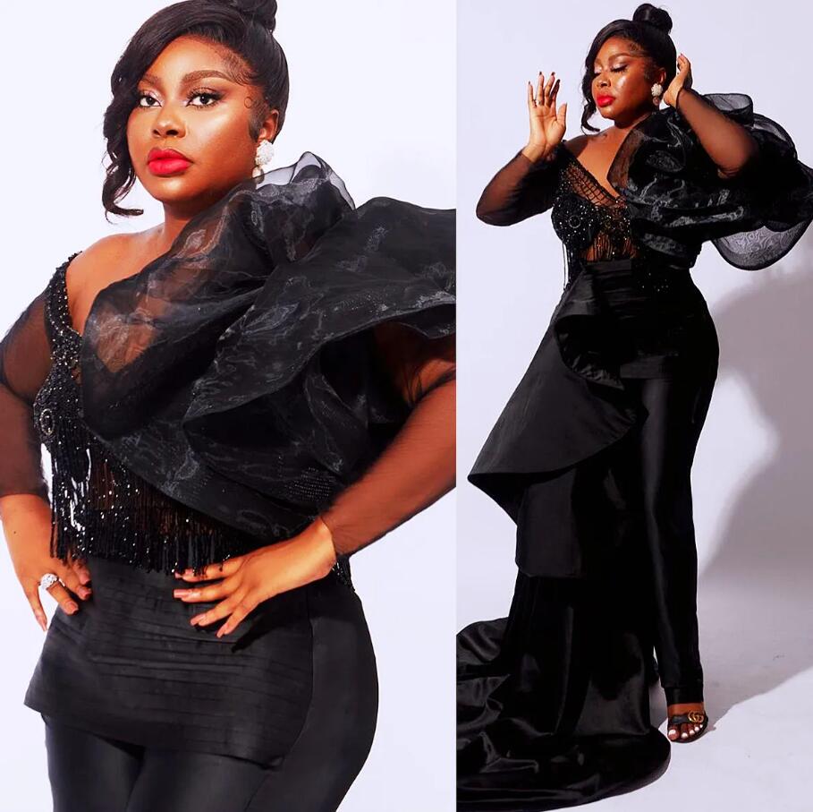 

Arabic Aso Ebi Black Jumpsuits Prom Dresses with Detachable Train illusion long sleeve beaded tassel evening occasion gown pant, Lavender