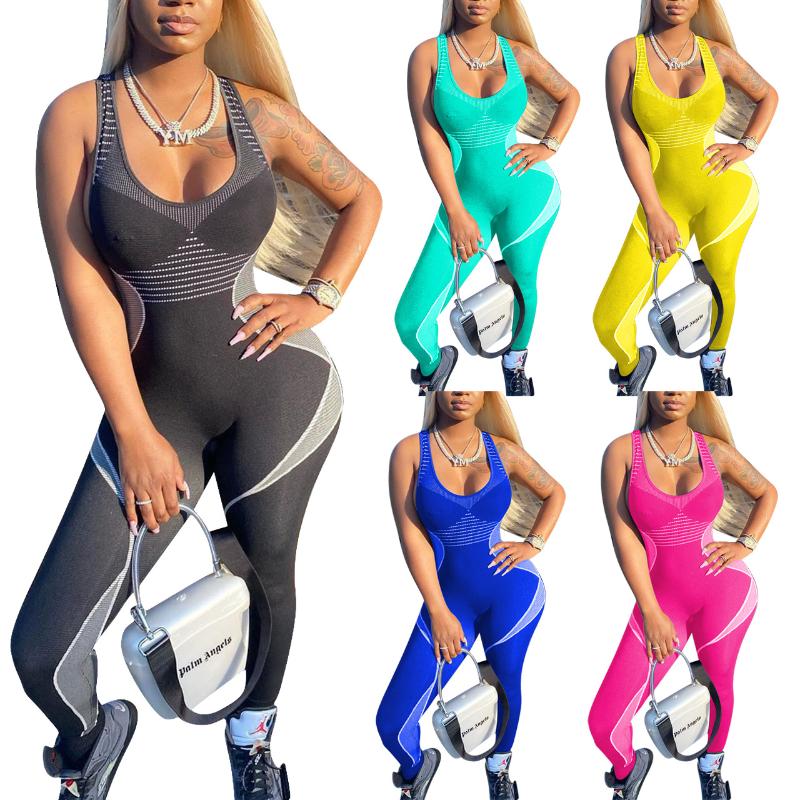 

Women's Jumpsuits & Rompers Sports Fitness Jumpsuit Women Sexy Sleeveless Printed Bodycon Fashion Skinny Gym Clothing OutfitsWomen's, Yellow