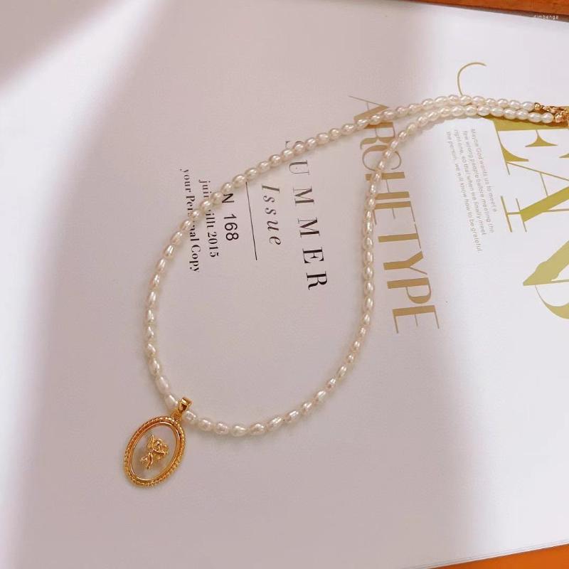 

Choker Cupid God Of Love Necklace Natural Shell Charm Pendant 3-4mm Rice Shape Pearl Gifts