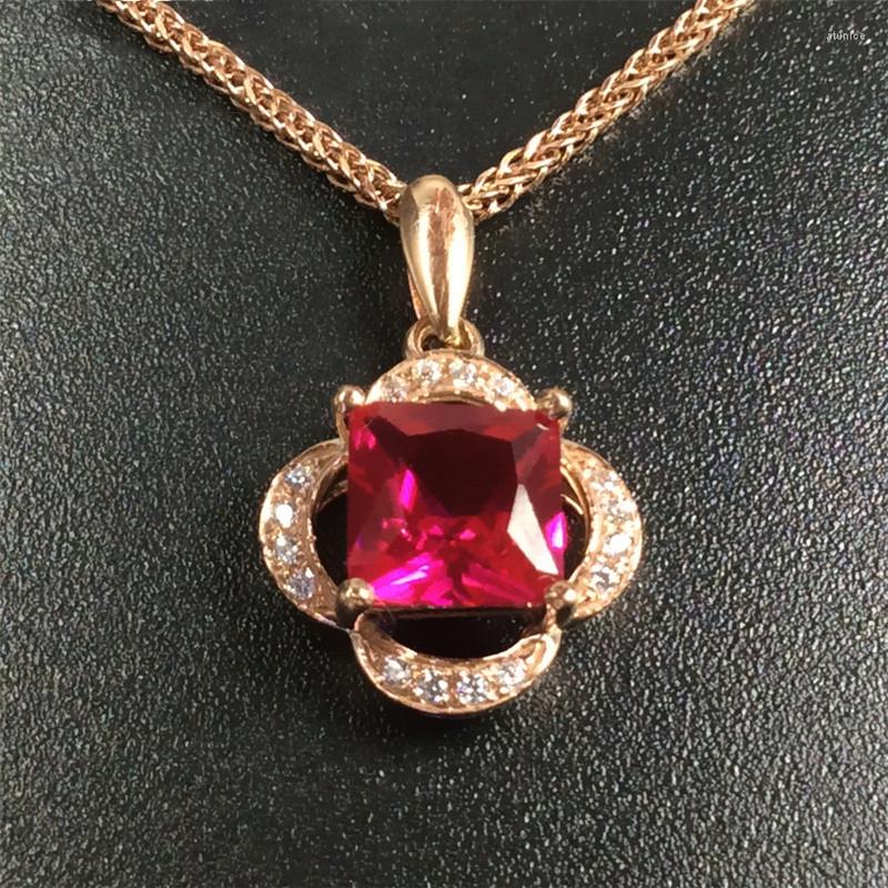 

Chains 585 Purple Gold Plated 14K Rose Inlaid Ruby Geometric Pattern Neckalce For Woman Classic Wedding Jewelry Pendant