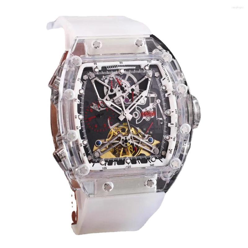 

Wristwatches Mens White Plastic Skeleton Watch Automatic Mechanical Tourbillon