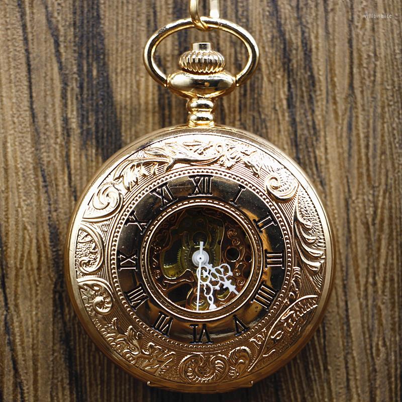 

Pocket Watches Antique Rose Gold Roman Number Carving Mechanical Hand Wind Watch With Pendant Chain Fob Gift Box, Picture shown