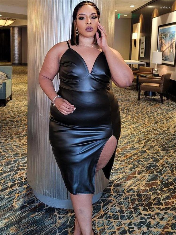 

Plus Size Dresses For Women 2023 Backless Sexy Pu Leather Dress With Split Black Sling Wholesale Bulk Drop