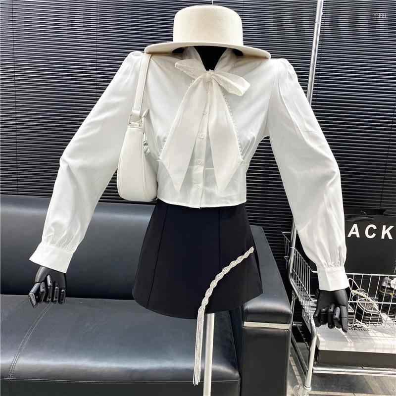 

Women's Blouses Brand Original Design Vintage Bubble Sleeve Lace Up Bow Shirt 2023 Spring Slim Single Breasted Short Top, Black