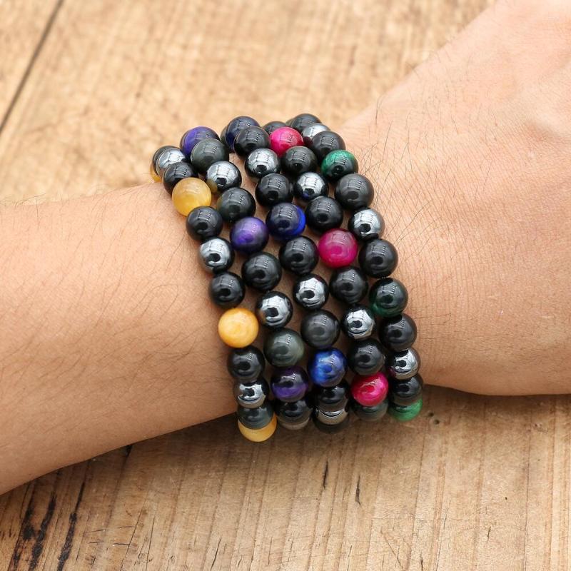 

Charm Bracelets 8mm Black Obsidian Hematite Tiger Eye Stone Bracelet Handmade Beaded Strand Women Men Jewelry
