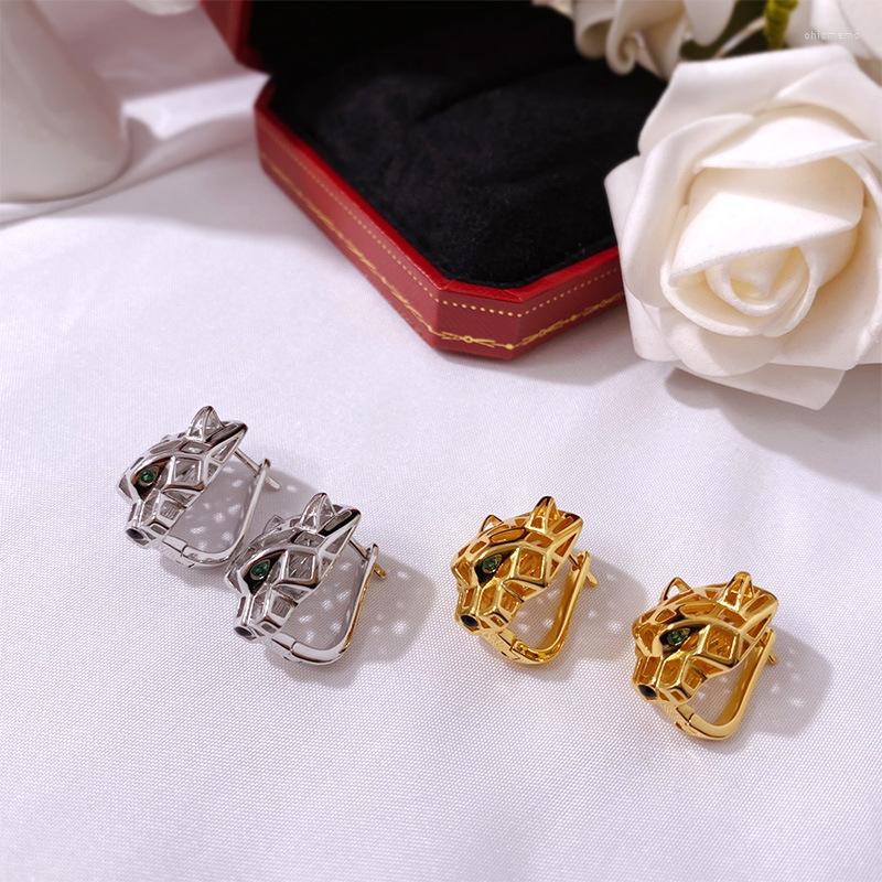 

Backs Earrings Top Quality Hollow Green Eye 3D Leopard Gold Color Micro Crystal Stone Bohemia Bossy Clip For Women