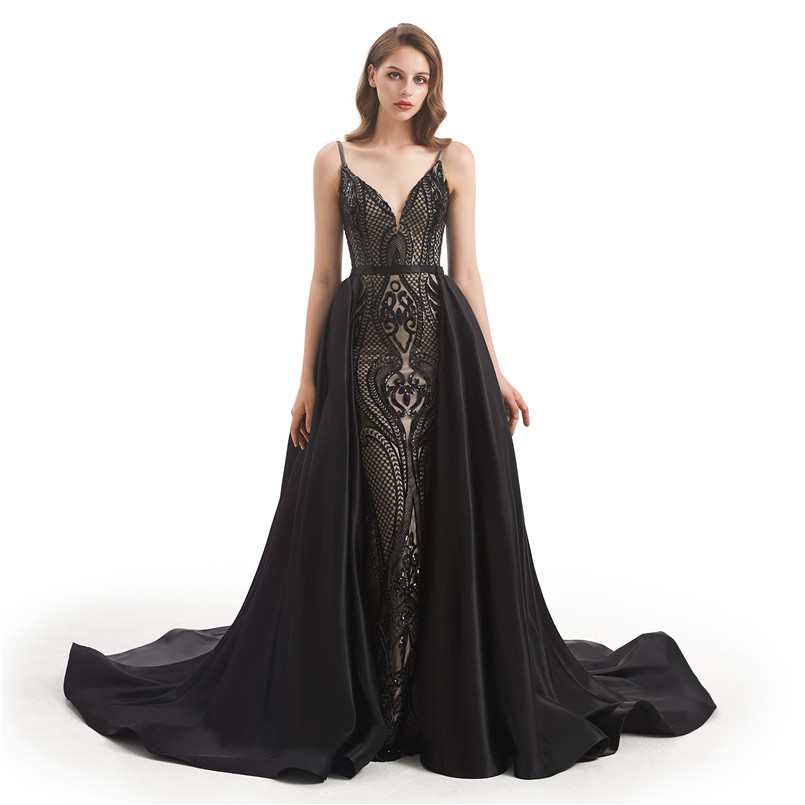 

Black Lace Evening Dresses With Detachable Skirt Sexy Mermaid Spaghetti Straps Backless Long Satin Party Occasion Prom Gowns Custom Made BM3307, Dark navy