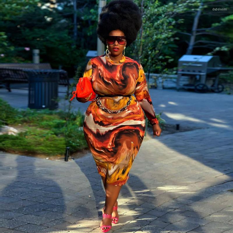 

Plus Size Dresses 5xl Fashion 2023 Fall Printed Bodycon For Women Long Sleeve Elegant Midi Dress Drop Wholesale, Orange