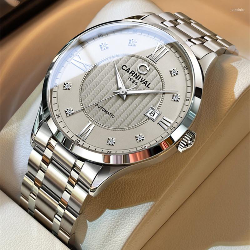 

Wristwatches CARNIVAL Brand Fashion Automatic Business Watch For Men Luxury Mechanical Wristwatch Waterproof Sapphire Calendar Luminous, Silver grey