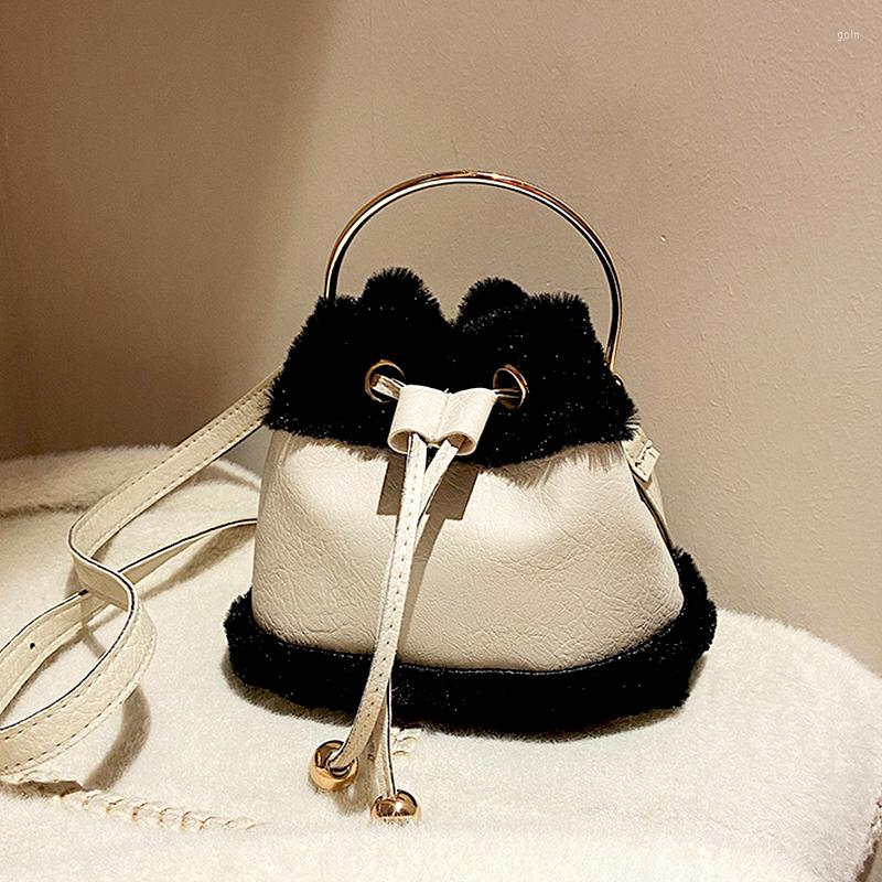 

Bag Women Shoulder PU Leather Handbag Female Shopper Fashion Casual Retro Contrasting Colors Metal Handle Plush Bucket Bags, Kaqise