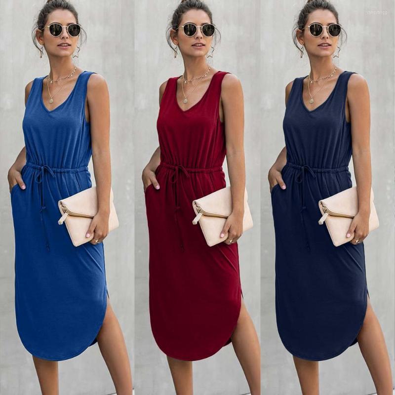 

Casual Dresses Sexy V Neck Sleeveless Midi Asymetrical Dress Summer Drawstring High Waist Loose Solid Sundress Shirt Long 2023, Green