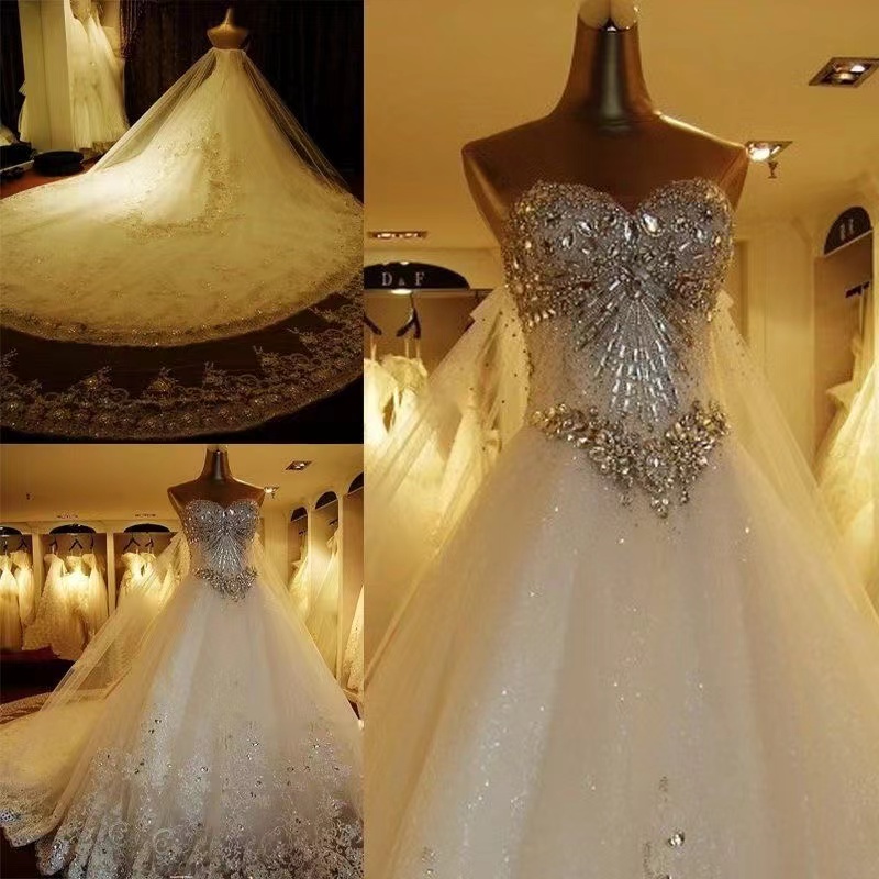 Longue robe de bal en dentelle de cristal scintillante de luxe avec tulle cathédrale train robes de mariée sur mesure, plus la taille Vestios de