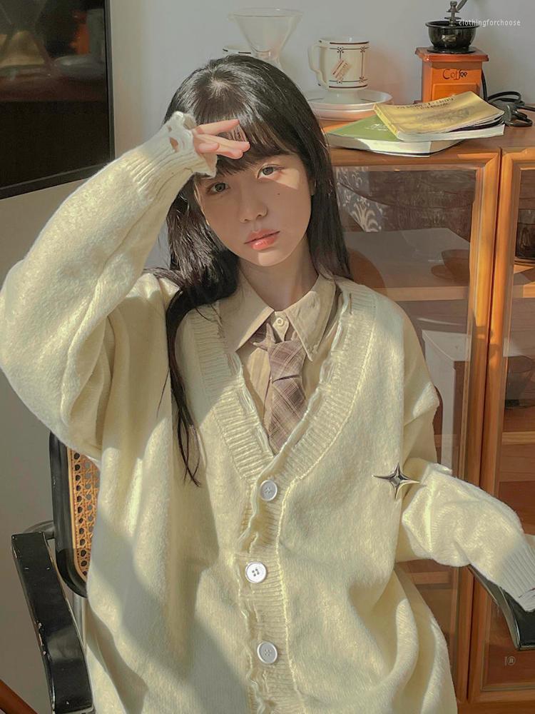 

Women' Knits Girl Loose V-neck Grunge Preppy Kardigan Damski Japanese Kawaii Star Knitted Cardigan Women Cute Vintage Harajuku Sweater Coat, Black