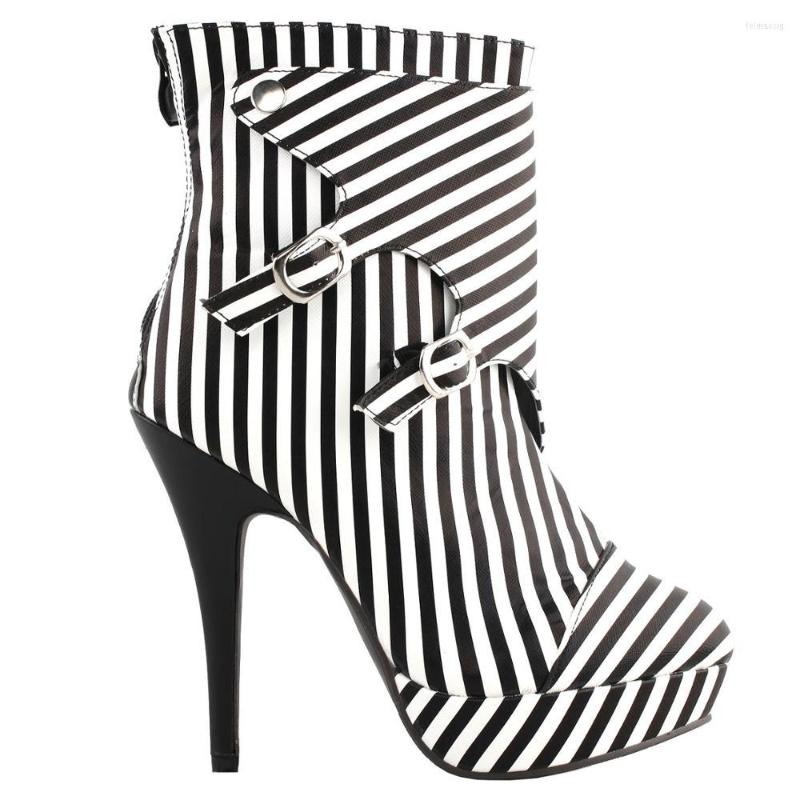

Dress Shoes LF30485 SHOW STORY Fashion Black White Two Tone Stripe Print Gladiator Platform Ankle Bootie