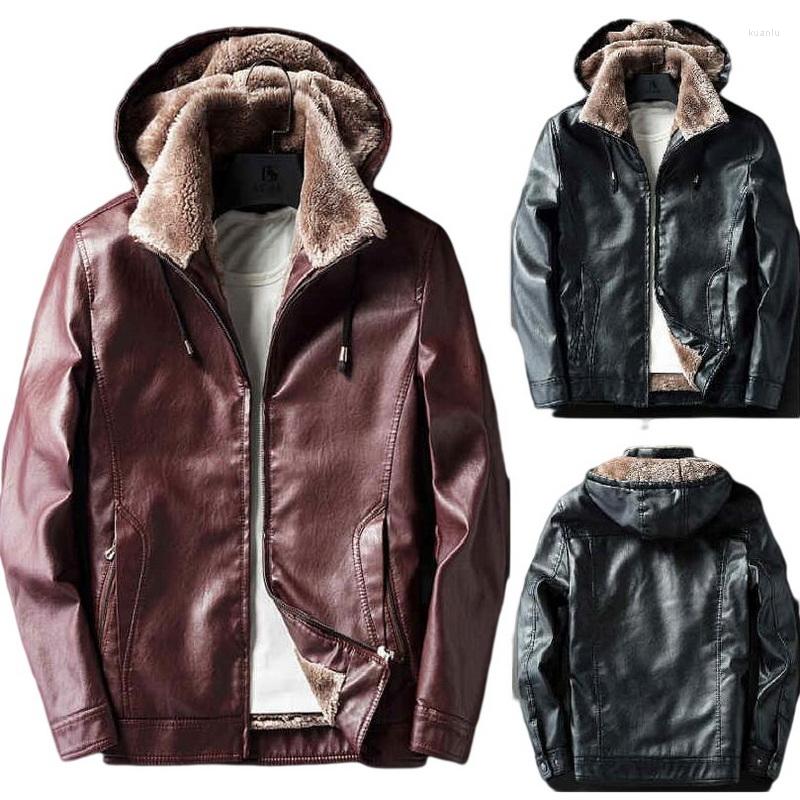 

Men's Fur Winter Hoodie Jacket Keep Warm Leather Overcoat Wool Fleece Coat, Auburn