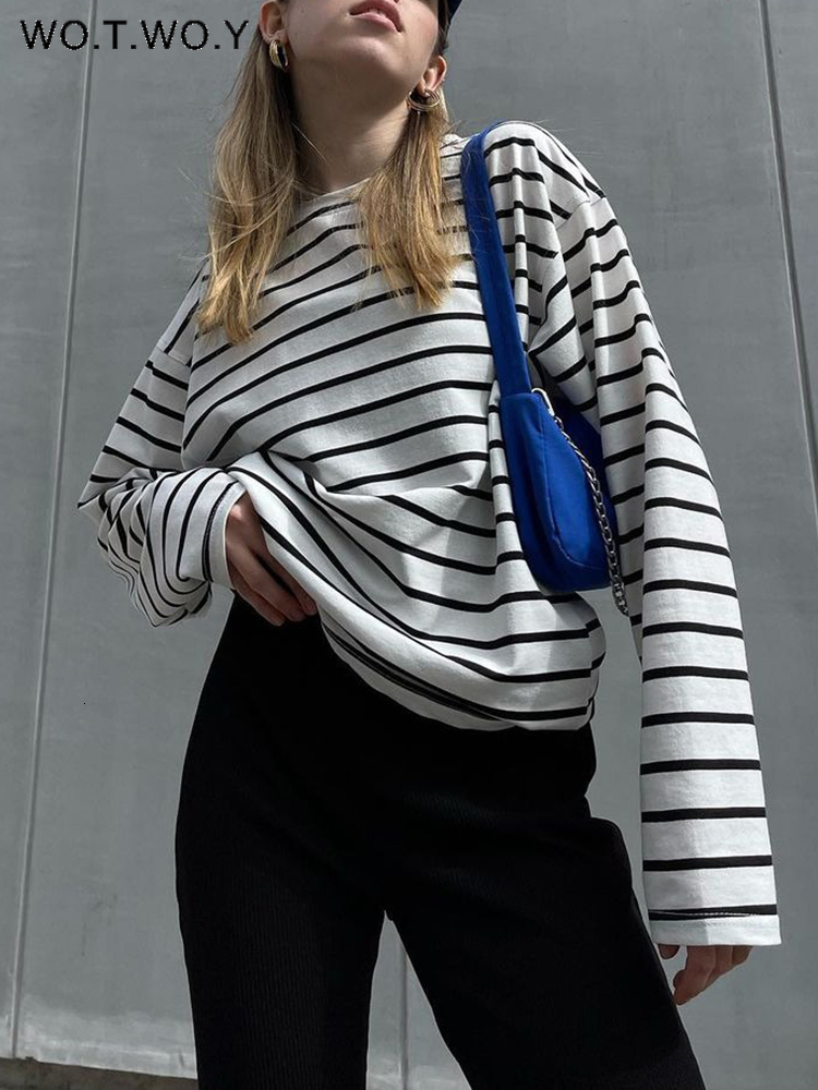 

Women's TShirt WOTWOY Casual Striped Oversized Women 2023 Autumn Soft Cotton Tee Shirt Female Longsleeved Basic Loose Knitted Tops 230217, 22099-blue-striped