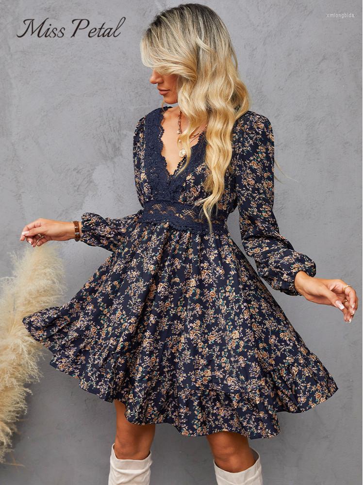 

Casual Dresses MISS PETAL Ditsy Floral Lace Mini Dress For Woman Sexy V-neck Ruffled Long Sleeve Party 2023 Spring Autumn Female Sundress, Navy blue