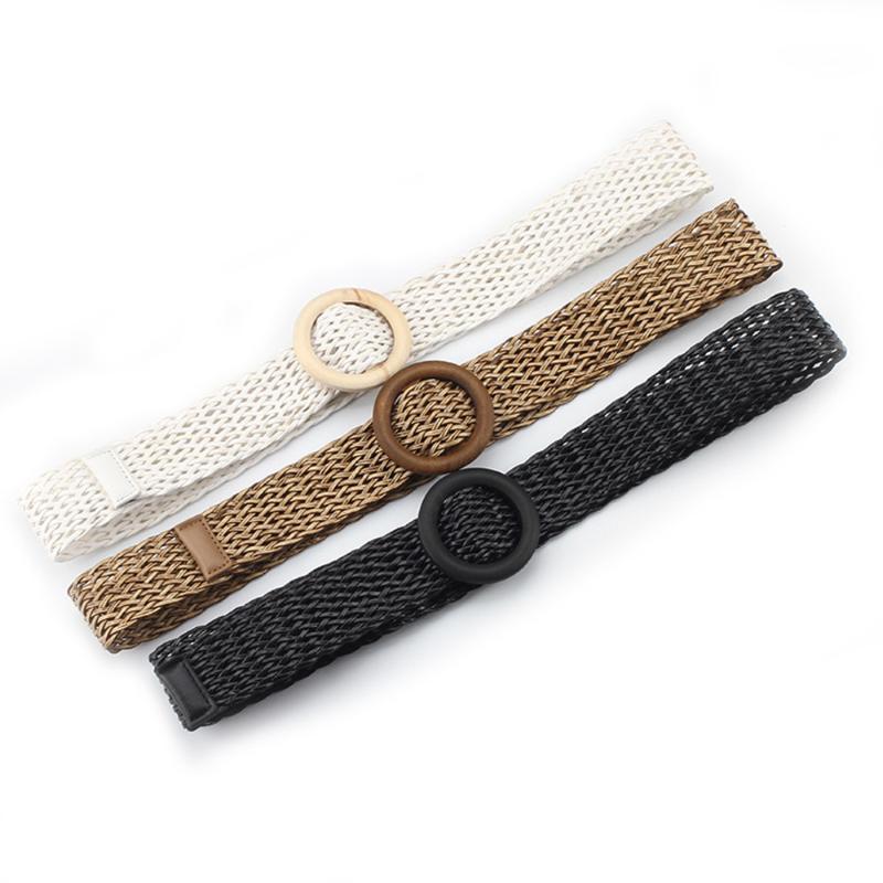 

Belts Fashion Woven Strap Belt For Women Round Wooden Buckle Ladies Dress Waistband Waist Seal Girdle Corset Cummerband Accessory, White