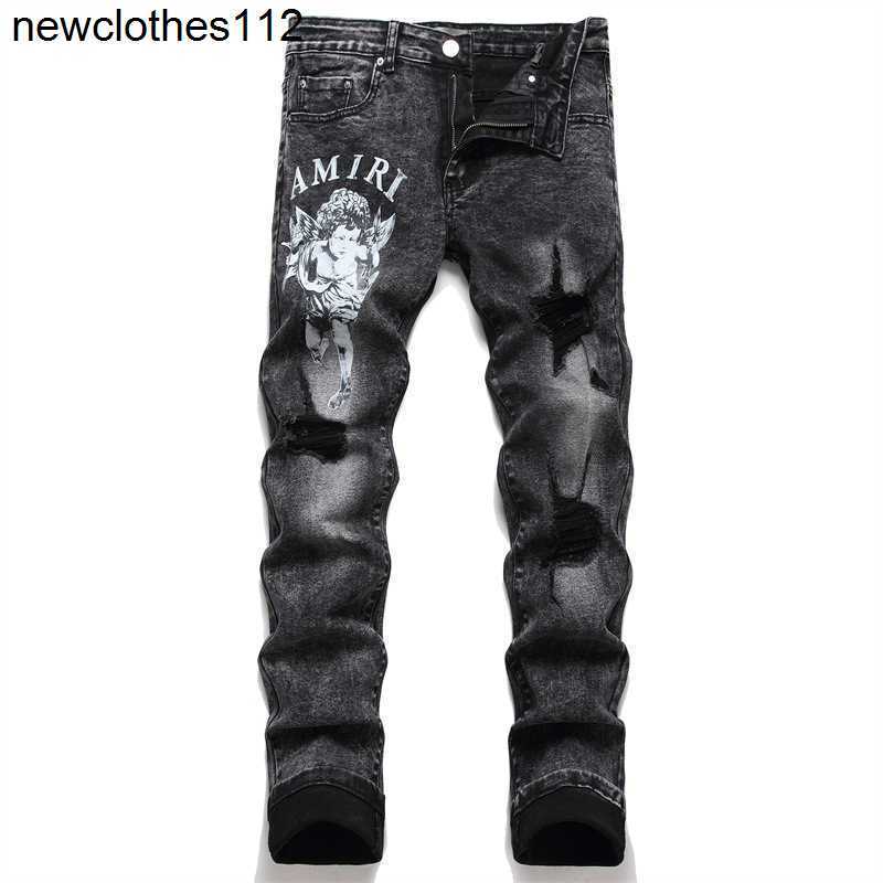 

Slim amirly Elastic Men's Jeans Brand Designer Fashion Cotton Pants Cool Fit Stylish Leisure Black Ripped