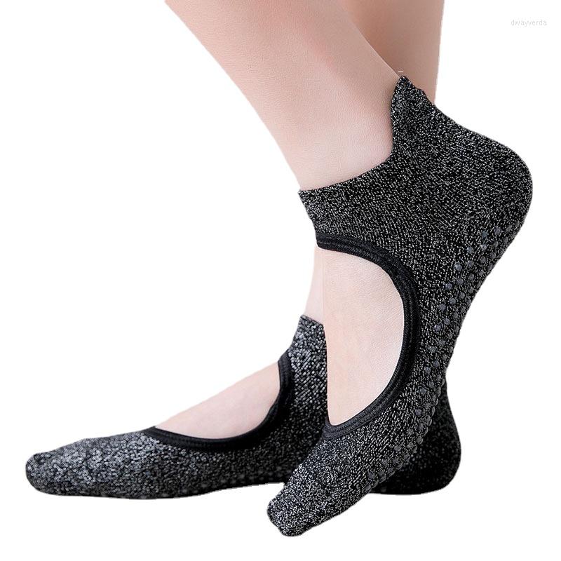 

Athletic Socks Women Fashion Yoga Silk Backless Silver Round Head Anti-slip Gym Fitmess Breathable Pilates Dance Sports Ankle, Light blue