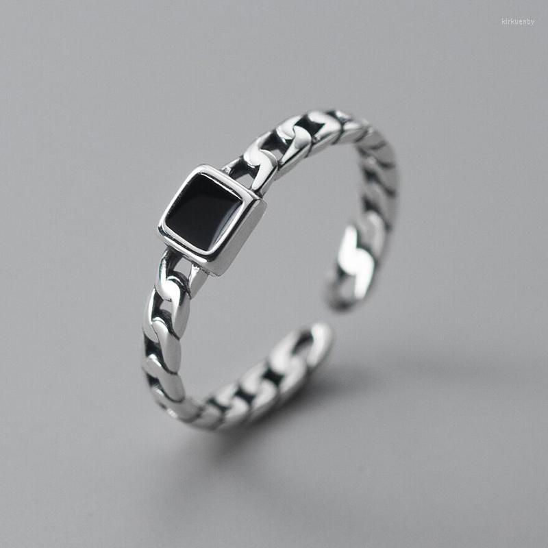 

Wedding Rings Silver Color Square Black Epoxy Simple Retro Thin Adjustable For Women Vintage Dainty Jewelry Gifts