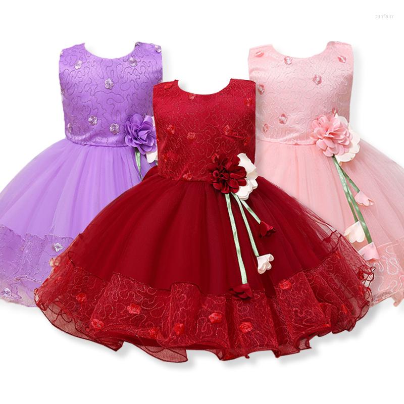 

Girl Dresses Baby Evening 2023 Sleeveless Embroidered Flowers Lace 1 Year Birthday Banquet Flower Dress For Girls Princess, Pink