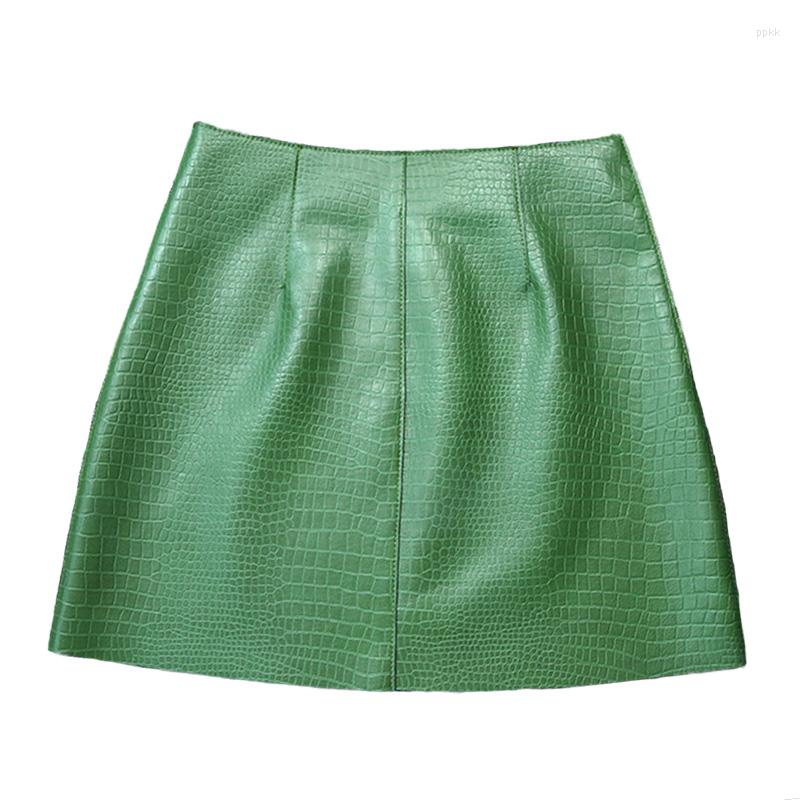 

Skirts Women 2023 Skirt Fashion Crocodile Pattern Y2K Real Sheepskin Leather Mini Autumn Spring TF8510, Green