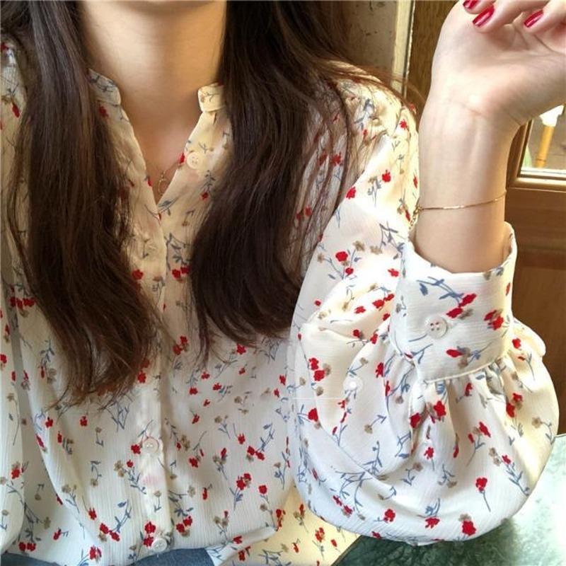 

Women' Blouses & Shirts V-neck Long Sleeve Chiffon Spring Casual Korean Style Floral Top Camisas Femininas Elegantes Blusas Muj, Photo