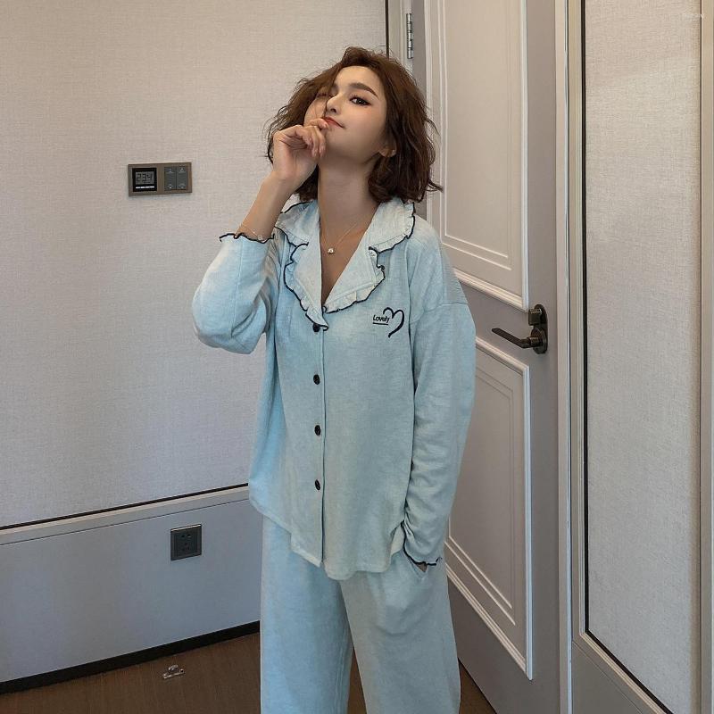 

Women's Sleepwear Spring Fresh Lapel Cotton Pajamas Sweet Simple Embroidered Long Sleeve Pijamas Women Lounge Wear Two Piece Home Suit, 5342-white