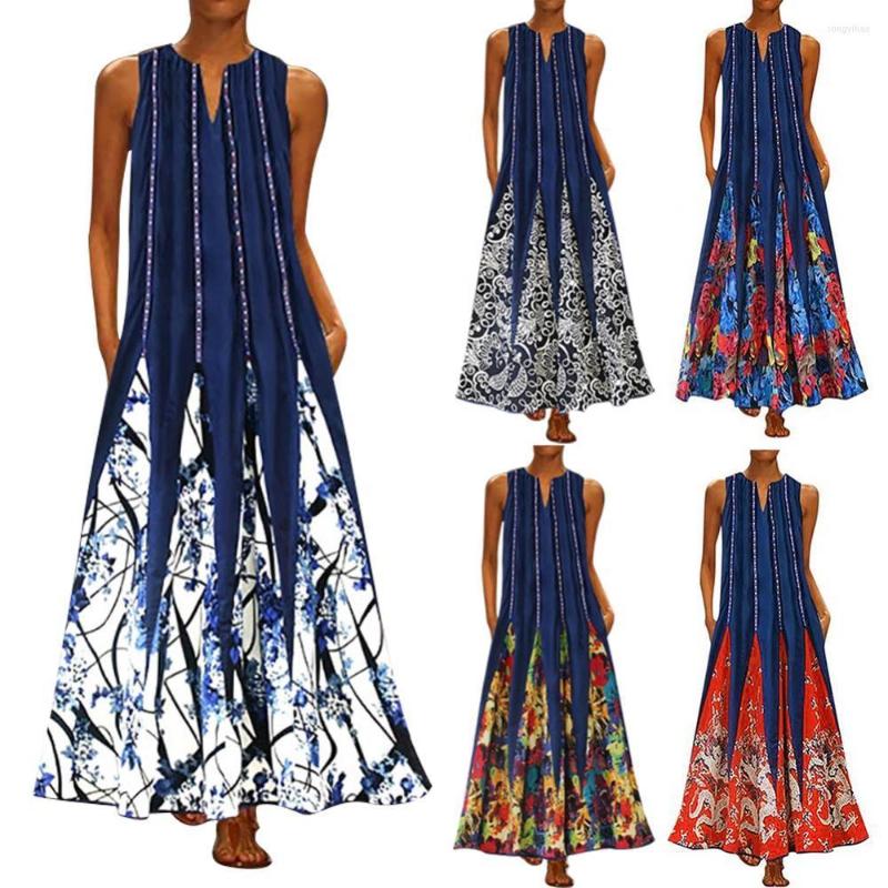 

Casual Dresses Plus Size Vintage Striped Floral Print Women V Neck Sleeveless Loose Maxi Dress Tank Beach Summer Elegant Girl's Birthday, Blue