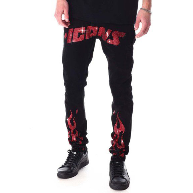 

Men's Jeans Stretchy Hole Black Skinny Slim Fit Punk Streetwear Biker Trousers Man Red Letter Denim Pencil Pants 230216, Tz047
