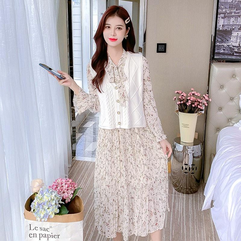 

Work Dresses French Long Sleeve Chiffon Floral Dress Women' 2023 Autumn Sweet Sweater Vest Female Two Piece Suit Outfits M639, Set