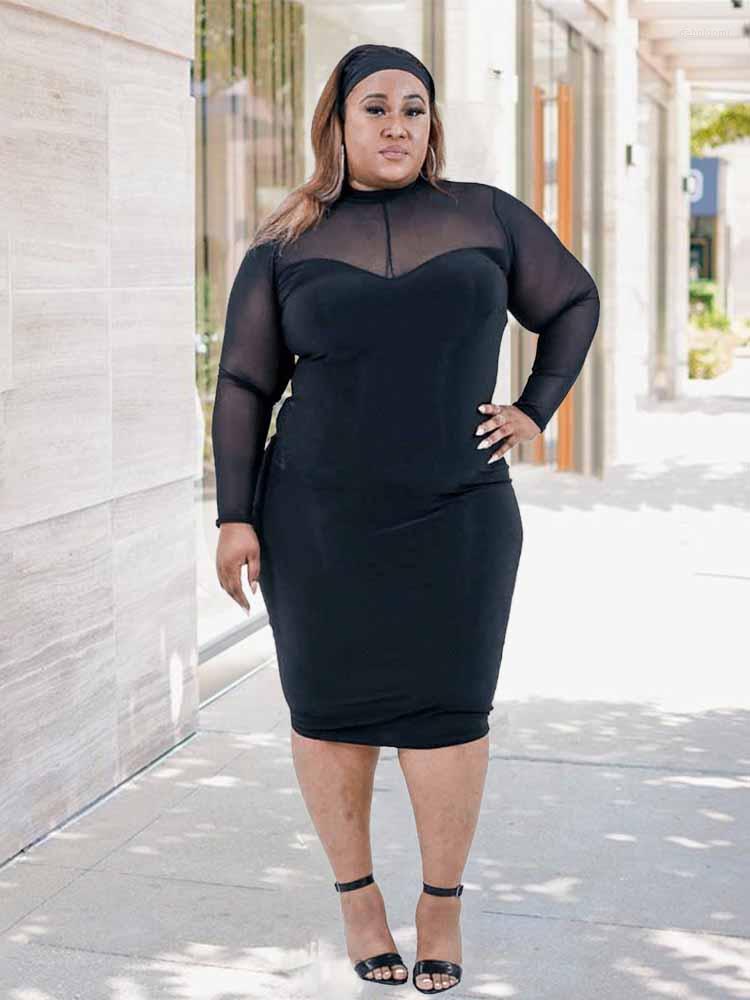 

Plus Size Dresses For Women 2023 Transparent Mesh Long Sleeve Black Tight Dress Sexy Wholesale Bulk Drop